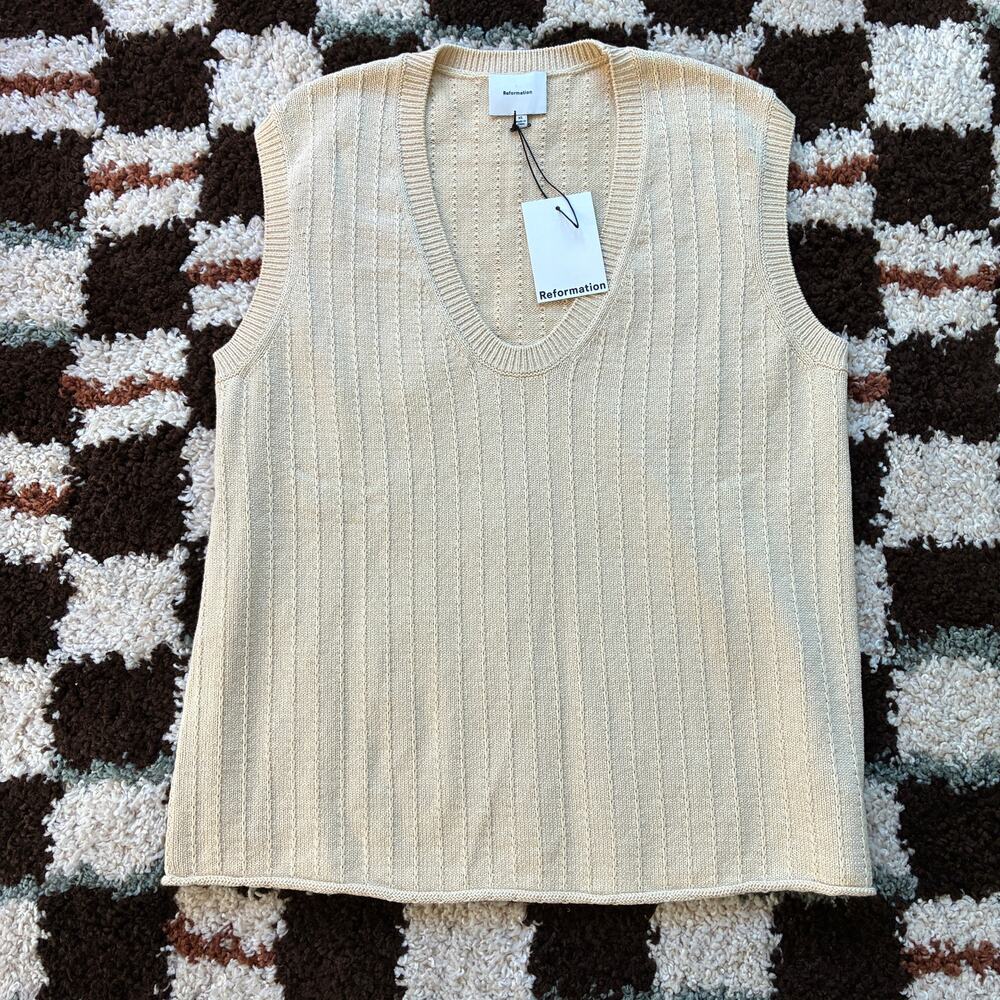 Reformation Pari Cotton Sweater Vest Birch Cream Cable Knit V-Neck Size XL NWT